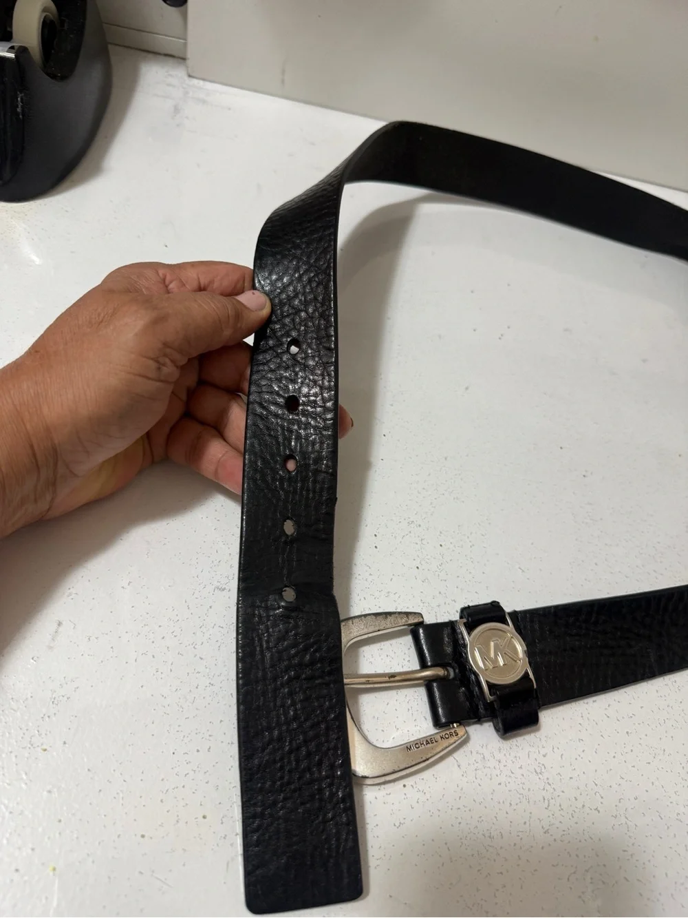 Michael Kors Pure Black Leather Belt with Silver MK Emblem
